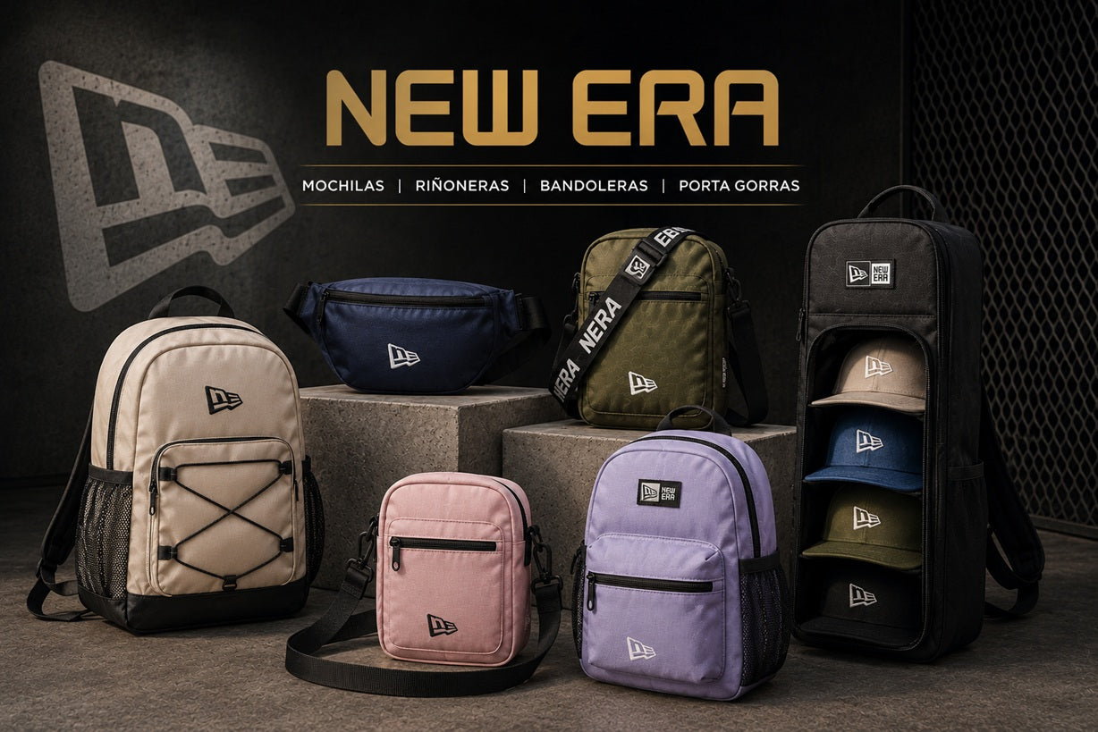 Accesorios New Era oficiales: mochilas, riñoneras, bandoleras y porta gorras disponibles en Mundo Gorras, Gran Canaria.