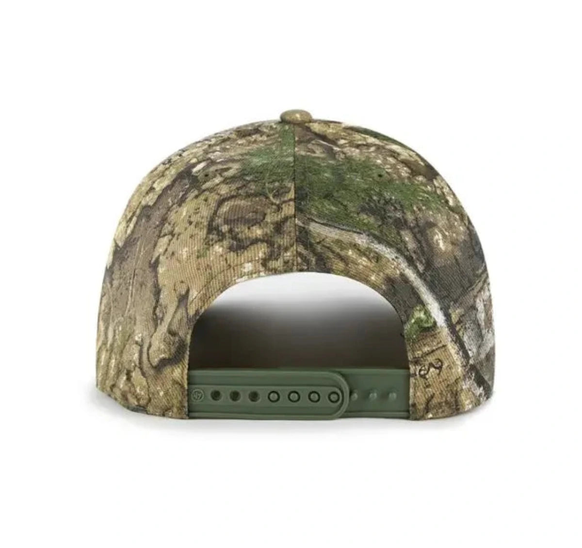 Vista trasera de la gorra ’47 HITCH Realtree de los Dodgers con cierre snapback verde ajustable.