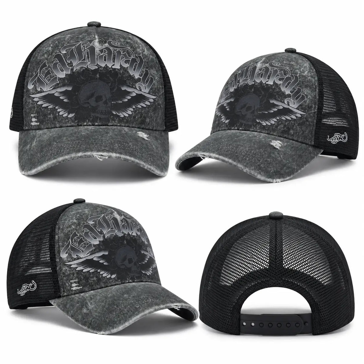 Gorra trucker unisex Ed Hardy Flaming Gothic Skull con efecto desgastado gris y malla negra, disponible en Mundogorras Gran Canaria.