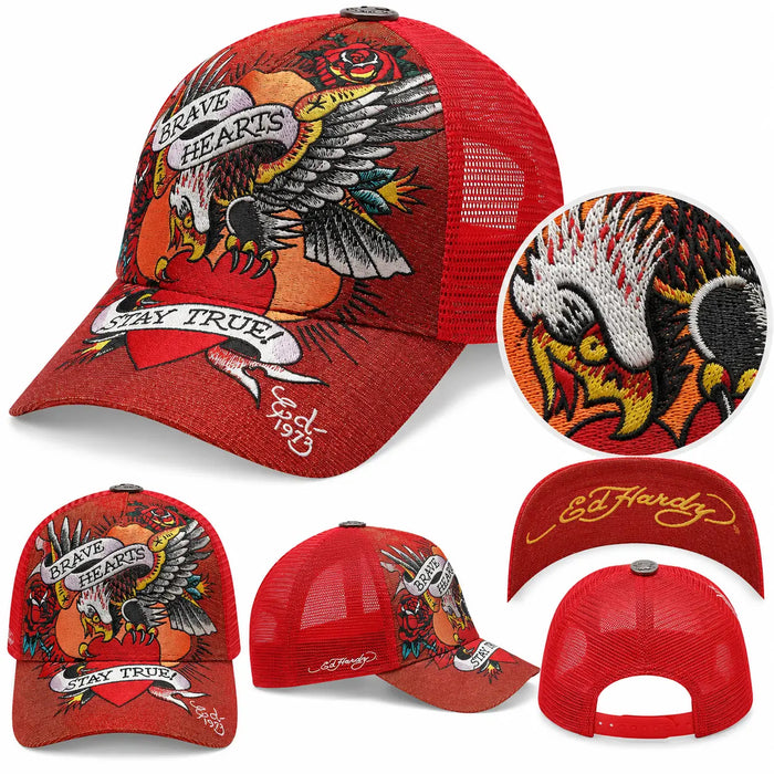 Gorra Ed Hardy Brave Hearts roja con águila, rosas y diseño tattoo