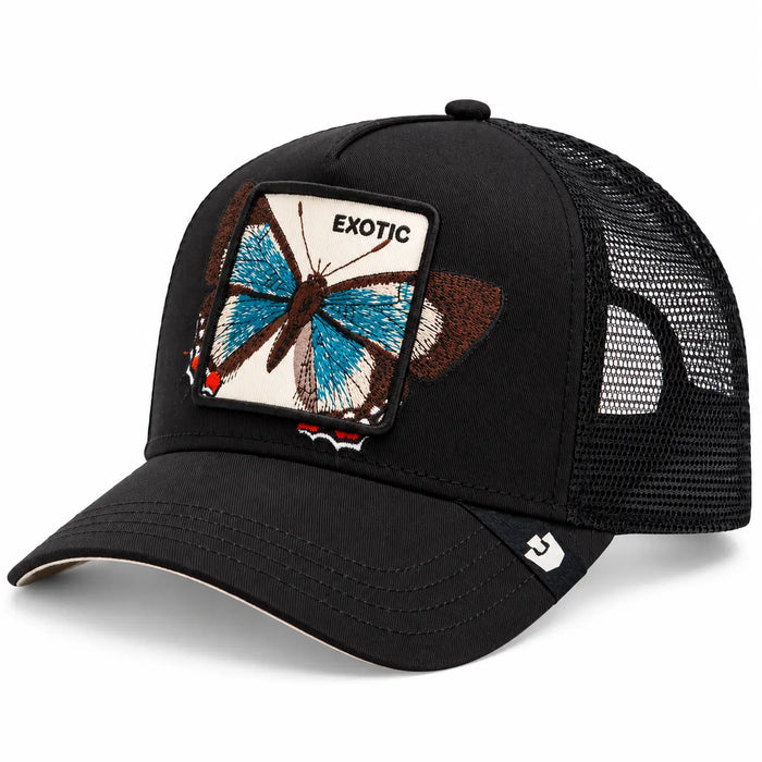 Gorra trucker unisex Goorin Bros modelo Over The Line Butterfly de la línea Exotic en color negro con mariposa azul sobresaliendo del parche, disponible en la tienda Mundogorras en Gran Canaria.