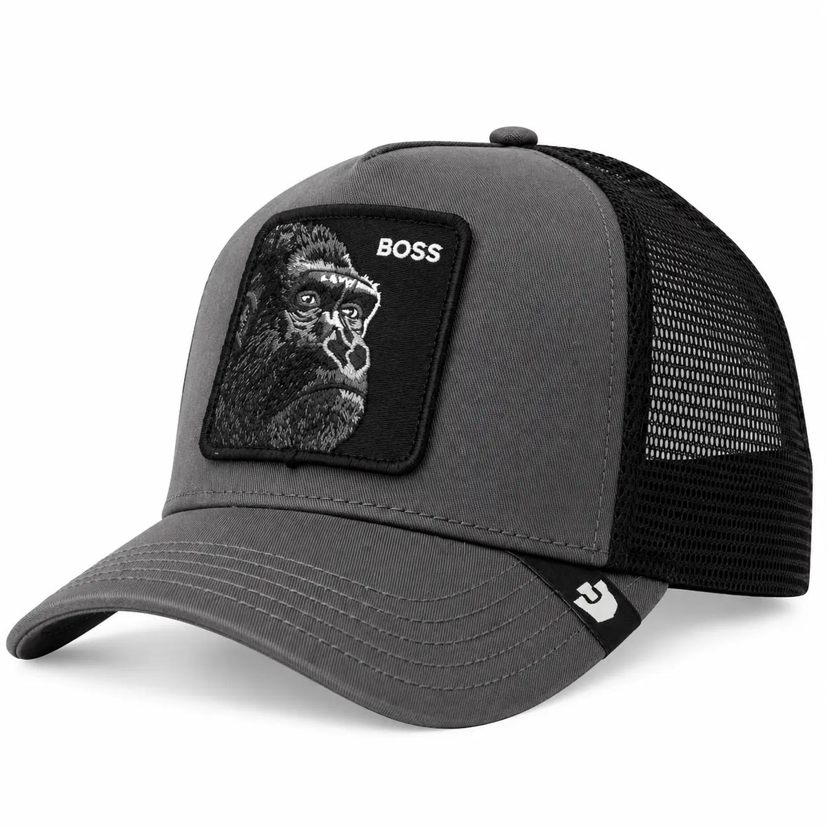 Gorra trucker unisex Goorin Bros modelo The Boss Gorilla con parche frontal de gorila y malla negra trasera, disponible en la tienda Mundogorras en Gran Canaria