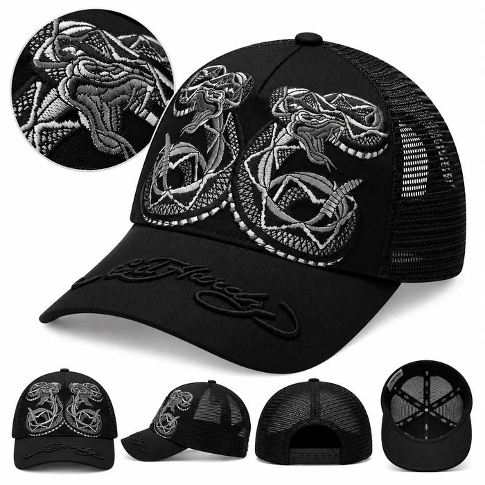 Unisex Duo Black Snake Twill Front Mesh Trucker - Black/Black