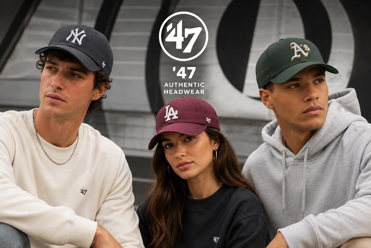 Dos modelos luciendo gorras de 47. Colección 47 disponible en Mundo Gorras, distribuidor oficial en Canarias.