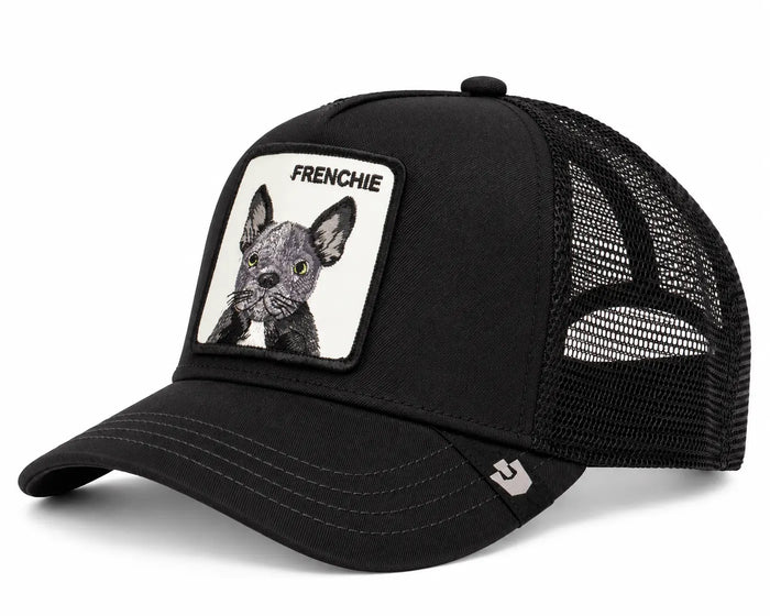 Gorra trucker unisex Goorin Bros modelo Frenchie Bulldog Francés en color negro con parche frontal blanco, disponible en la tienda Mundogorras en Gran Canaria.