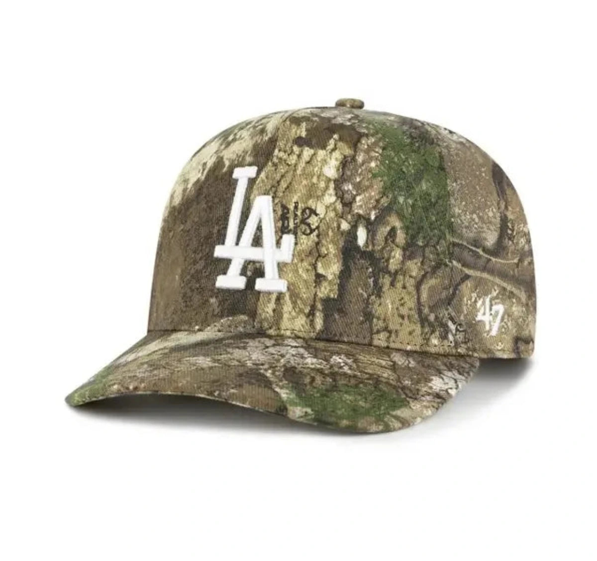 Gorra ’47 HITCH de Los Angeles Dodgers con estampado de camuflaje Realtree y logotipo LA blanco.