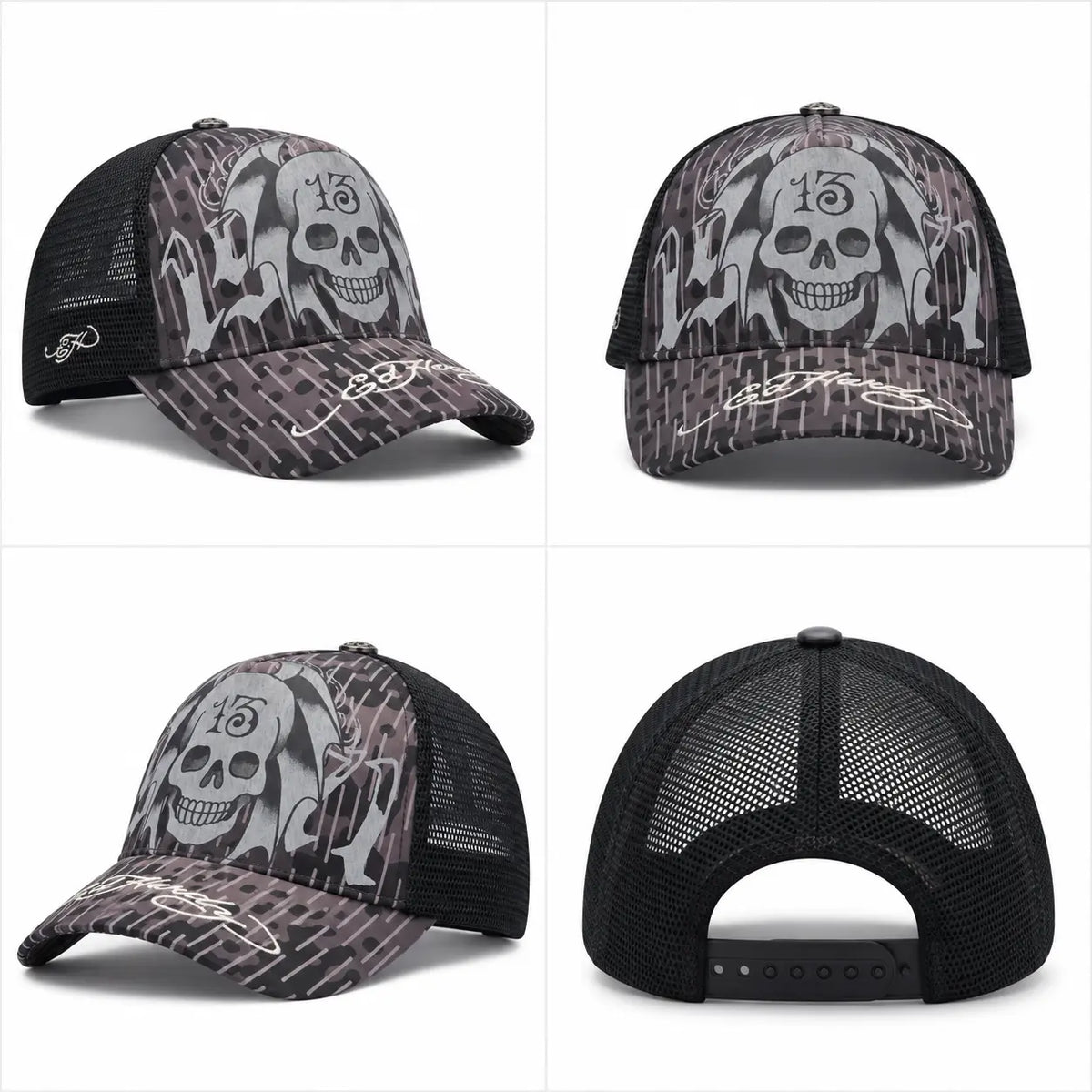 Gorra trucker unisex Ed Hardy 13 Skull en color negro con patrón impreso y firma bordada, disponible en Mundogorras Gran Canaria.
