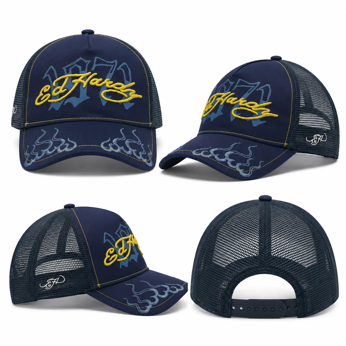 Collage de gorra Ed Hardy 1971 5 Panel Trucker azul marino con bordado amarillo, detalles gráficos azules, malla trasera negra y cierre snapback.