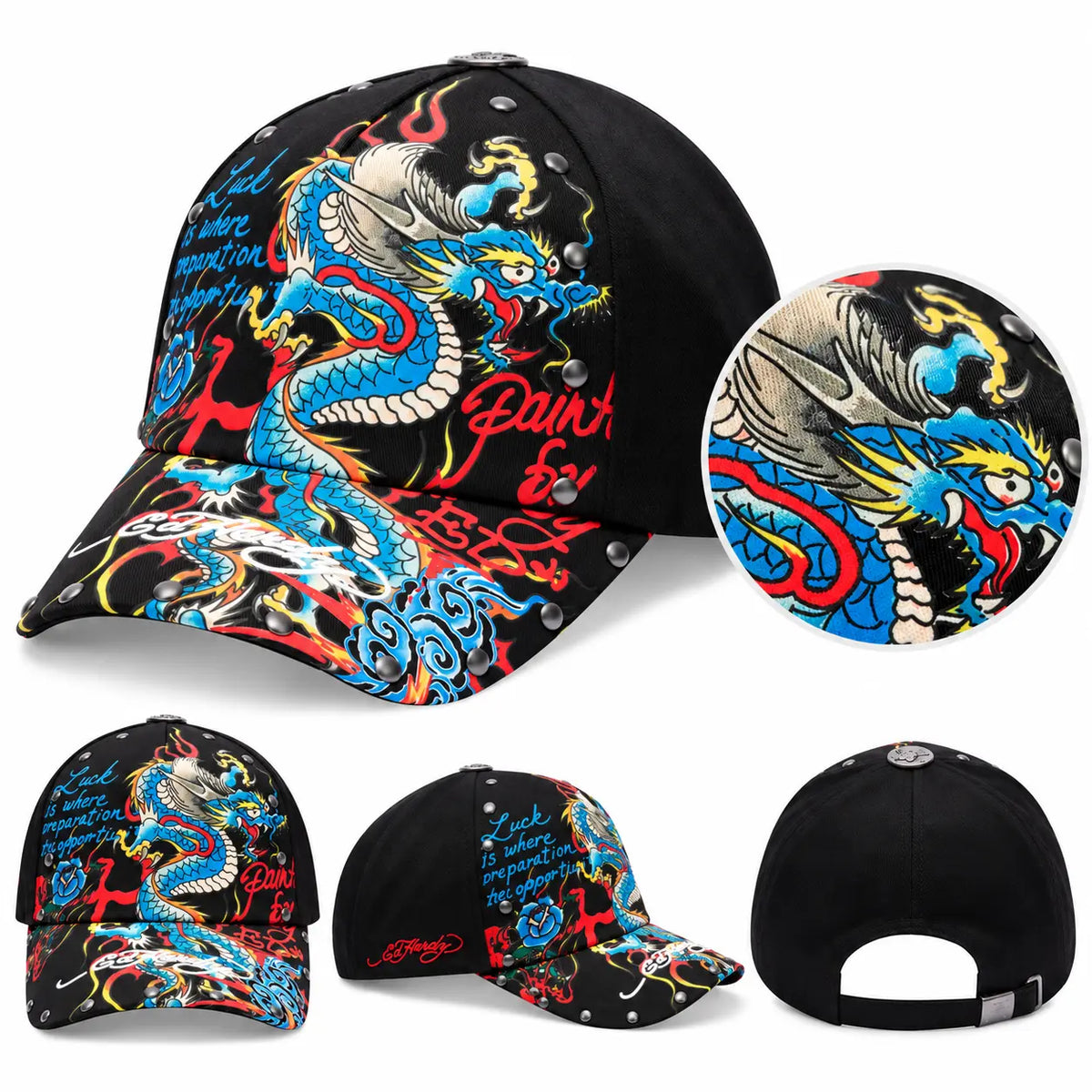 Gorra Ed Hardy Blue Dragon negra con dragón azul y detalles metálicos