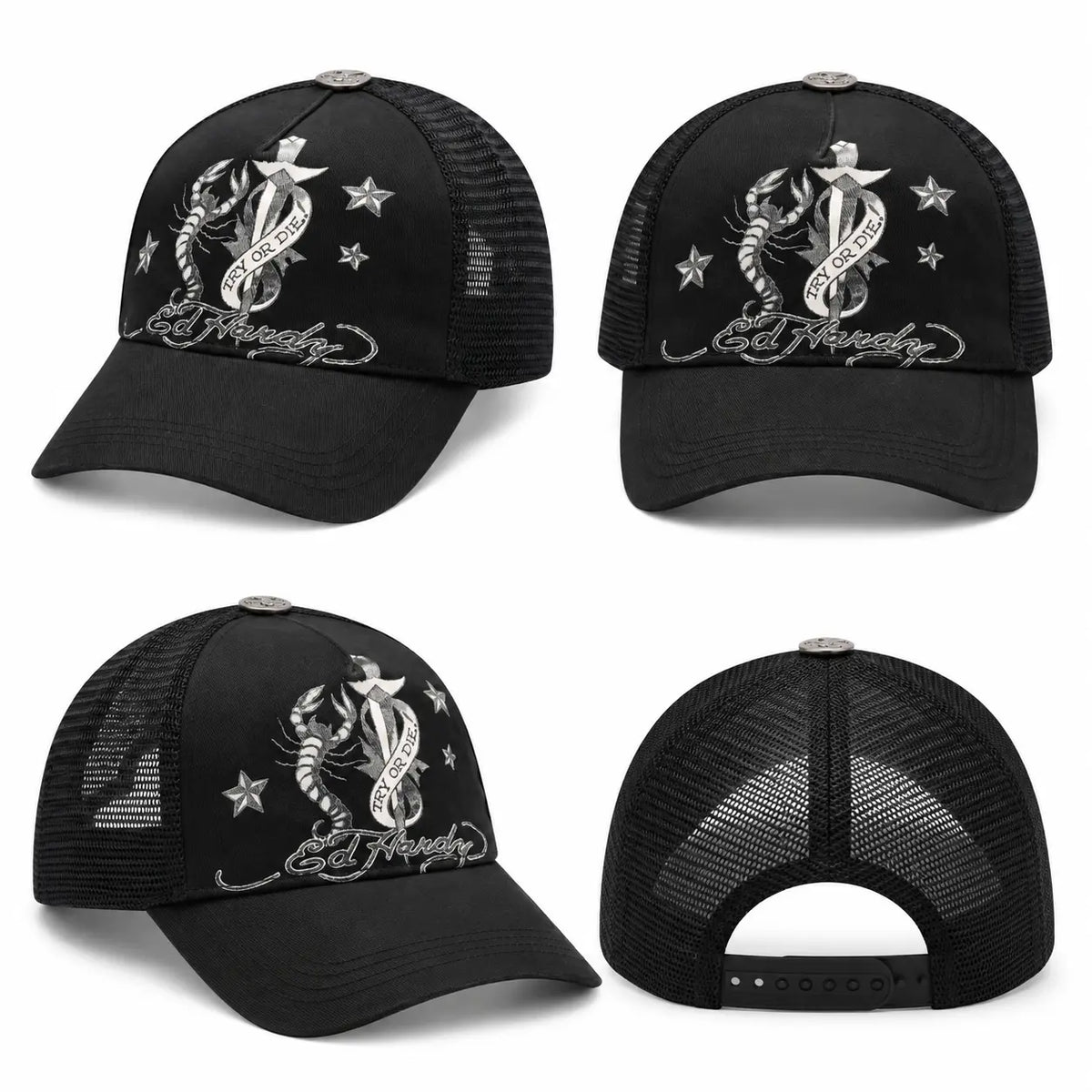 Gorra trucker unisex Ed Hardy Dagger Scorpion en color negro con bordado en la visera, de la tienda Mundogorras en Gran Canaria.