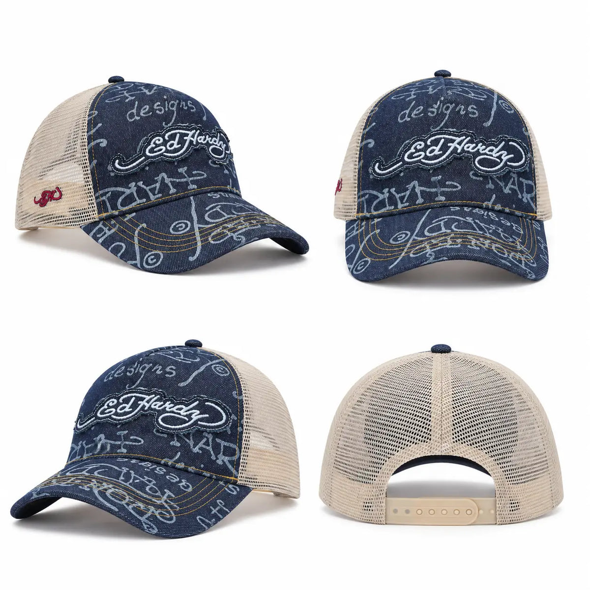 Gorra Ed Hardy Denim Trucker azul con estampado gráfico, logo Ed Hardy, panel trasero de malla beige y cierre snapback beige.