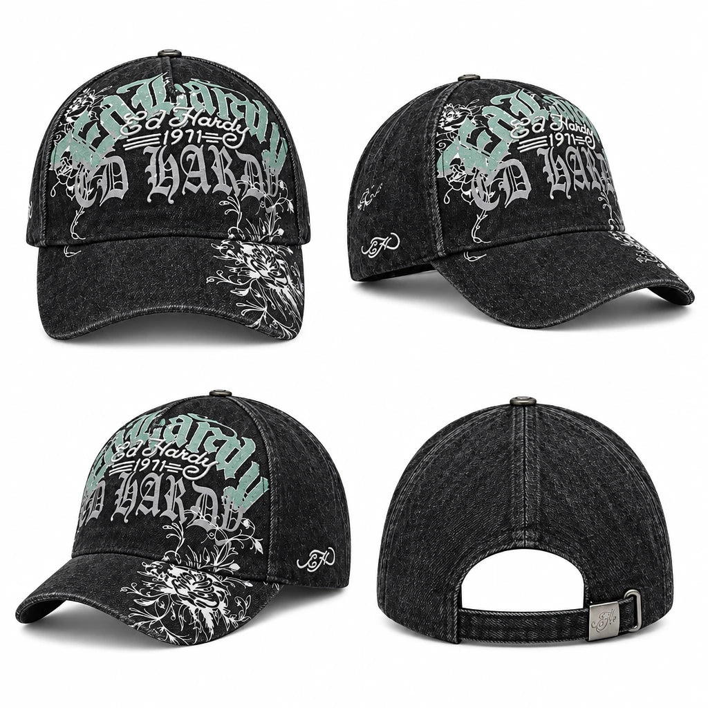 Gorra Ed Hardy Distressed Floral Gothic negra con diseño floral gótico, detalles en verde menta y ajuste trasero snapback.