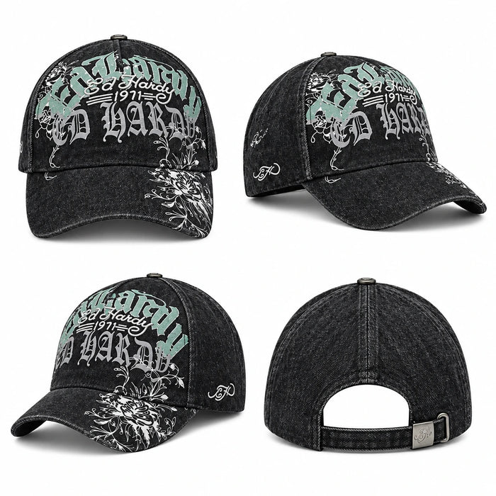 Gorra Ed Hardy Distressed Floral Gothic negra con diseño floral gótico, detalles en verde menta y ajuste trasero snapback.