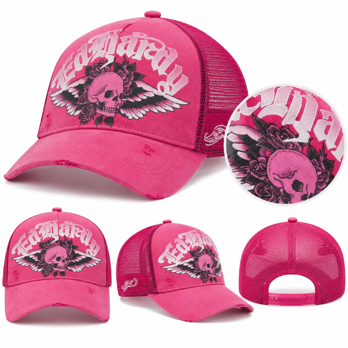 Gorra Ed Hardy Flaming Gothic Skull Washed rosa con calavera, alas y rosas