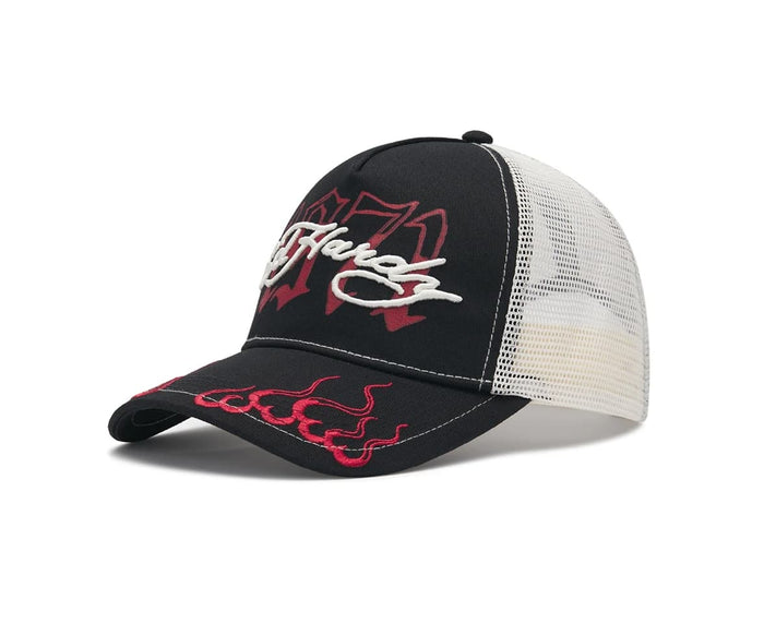 Gorra Ed Hardy Trucker Negra y Blanca con Bordados Rojos - Mundo Gorras - Gorras Trucker