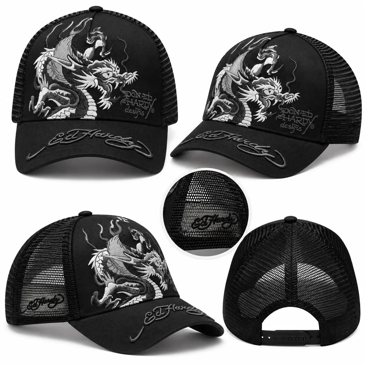 Collage de gorra Ed Hardy Unisex Mono Giant Dragon negra con bordado de dragón, visera y cierre snapback, vista frontal, lateral y trasera.