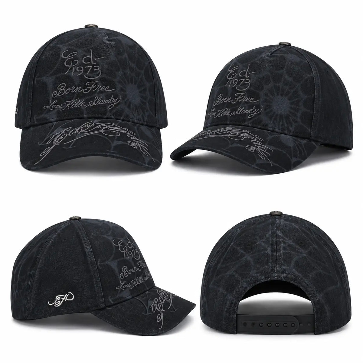 Collage de gorra Ed Hardy Spiderweb 5 Panel negra con diseño gráfico tonal, bordado Ed 1973, Born Free y Love Kills Slowly, mostrando cuatro vistas y cierre snapback negro.