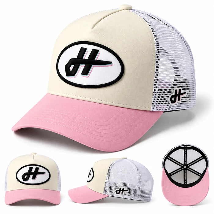 Gorra trucker Homenage crema y rosa con logo frontal y malla blanca