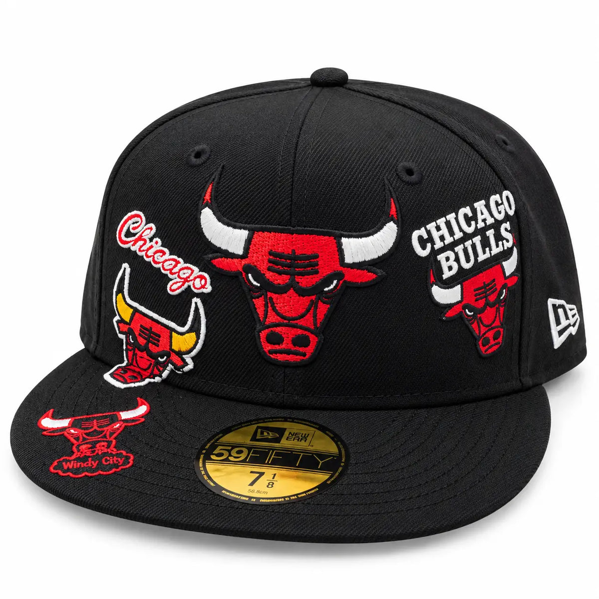 Gorra New Era 59FIFTY Chicago Bulls negra Multipatch HWC vista frontal