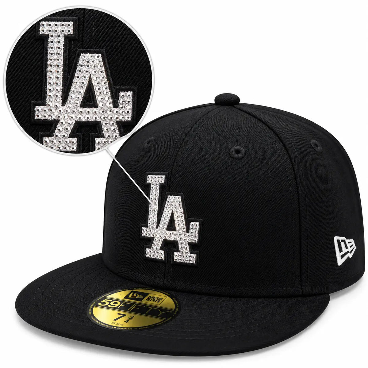 Gorra fitted New Era 59FIFTY Los Angeles Dodgers negra con visera plana y detalles de pedrería