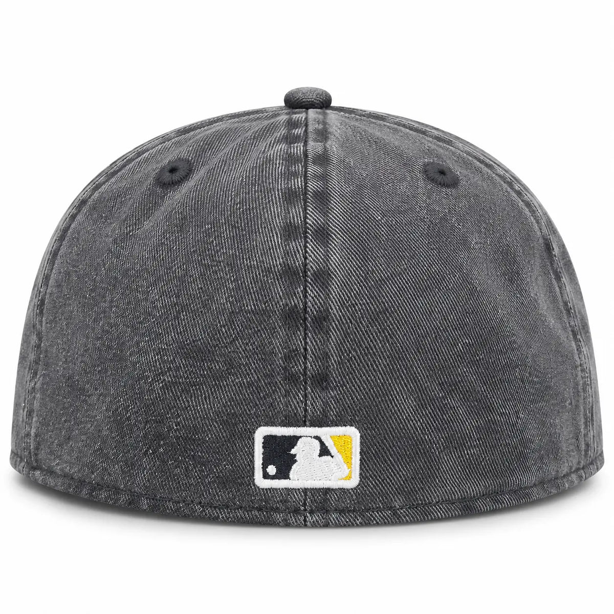 Gorra cerrada por tallas New Era 59FIFTY oficial de los Pittsburgh Pirates de la MLB en color gris carbón con acabado desgastado lavado y logo amarillo, disponible en la tienda Mundogorras en Gran Canaria vista trasera
