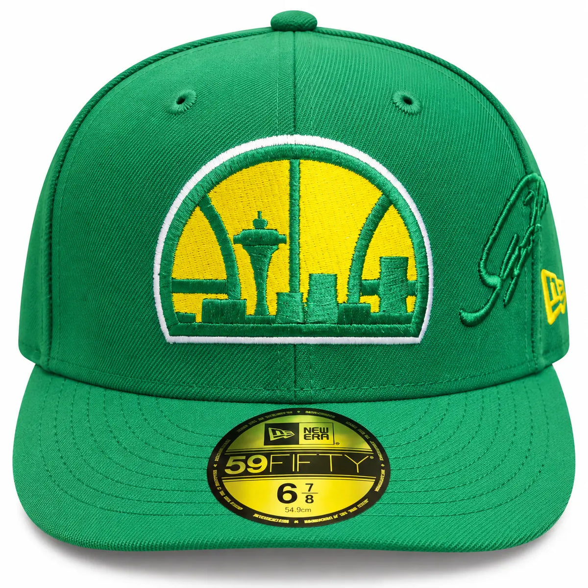 Gorra cerrada por tallas New Era 59FIFTY oficial de los Seattle Supersonics de la NBA en color verde con logotipo frontal del skyline de la ciudad, disponible en la tienda Mundogorras en Gran Canaria.