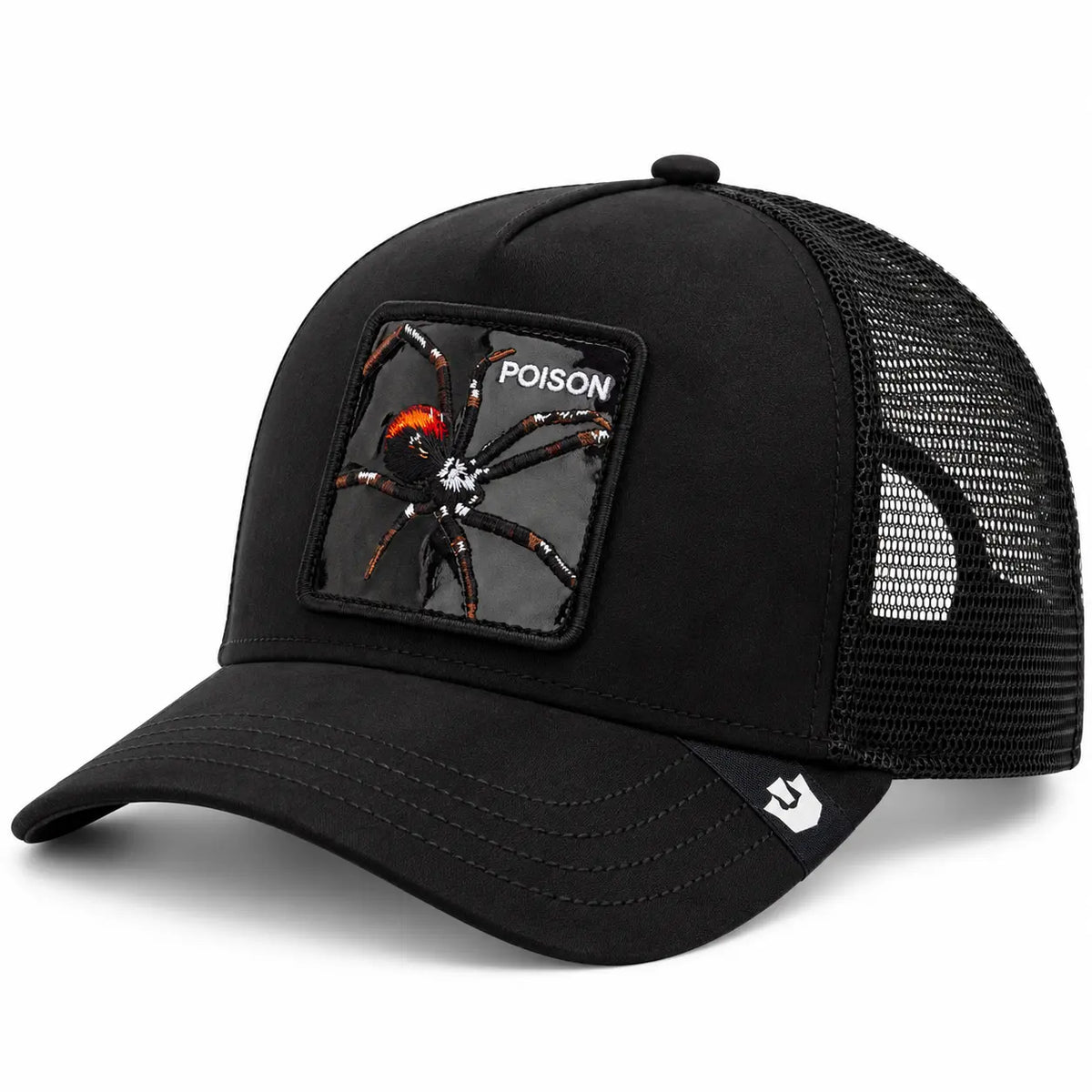 Gorra trucker unisex Goorin Bros modelo Black Out Poison Spider en color negro con parche de araña reflectante metálico, disponible en la tienda Mundogorras en Gran Canaria.