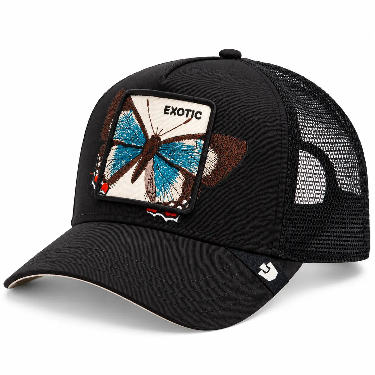 Gorra trucker unisex Goorin Bros modelo Over The Line Butterfly de la línea Exotic en color negro con mariposa azul sobresaliendo del parche, disponible en la tienda Mundogorras en Gran Canaria.