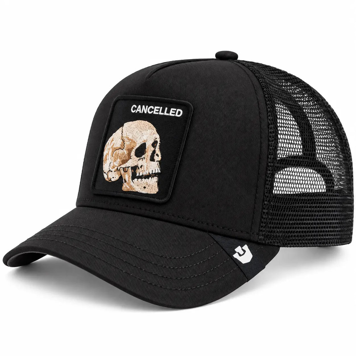 Gorra trucker unisex Goorin Bros modelo The Cancelled Skull en color negro con parche frontal de calavera y texto cancelled, disponible en la tienda Mundogorras en Gran Canaria.