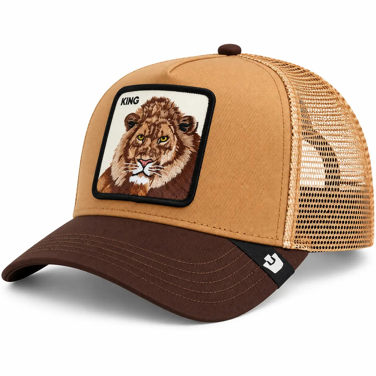 gorra trucker unisex Goorin Bros modelo The King Lion en color beige y marrón con parche frontal de león, disponible en la tienda Mundogorras en Gran Canaria.