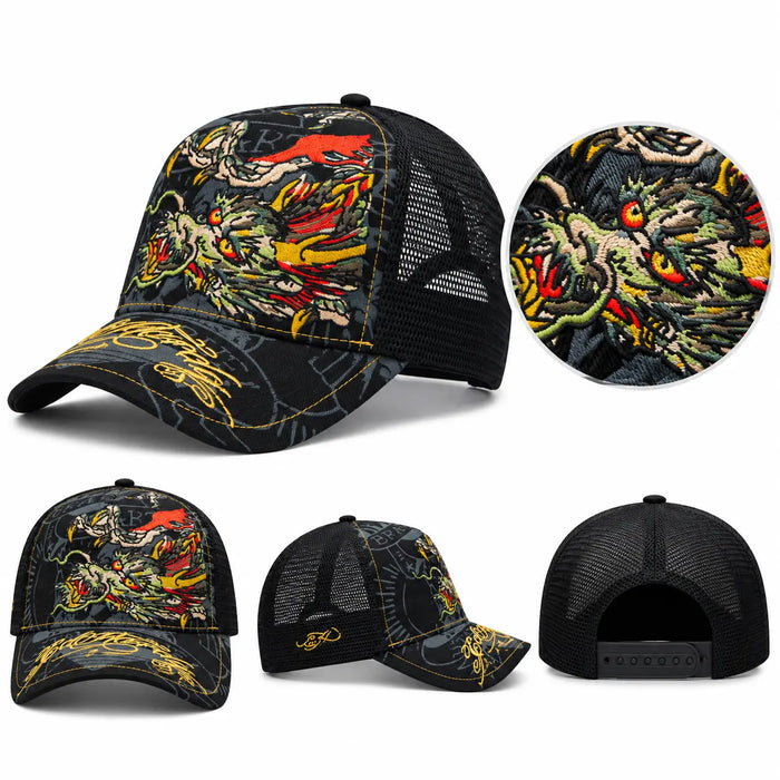 Gorra trucker negra con bordado de dragón multicolor y detalles dorados Ed Hardy