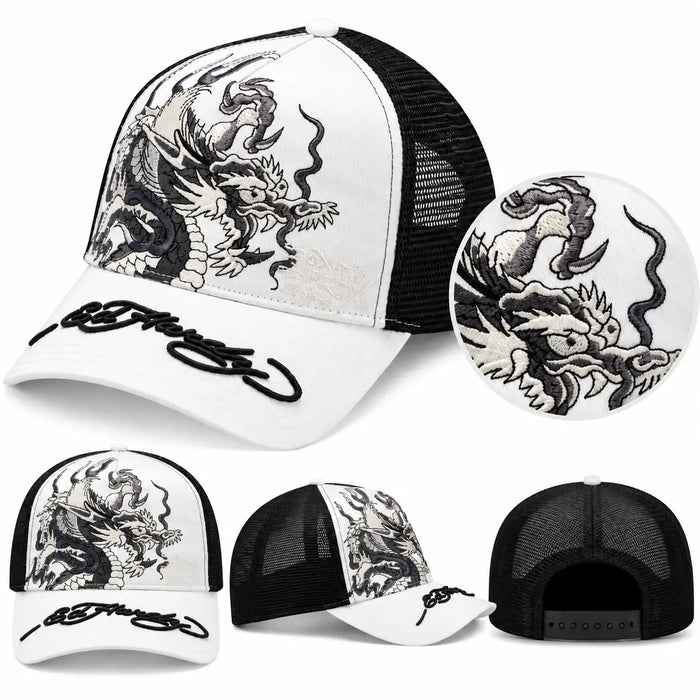 Gorra trucker blanca y negra Ed Hardy con dragón bordado